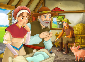 Obraz na płótnie Canvas Cartoon scene with two farmers ranchers and woman wife or disguised prince and older farmer in the barn pigsty illustration for children