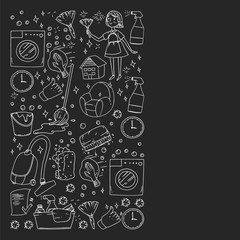 cleaning services company vector monochrome pattern on black background, drawing chalk.