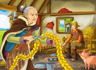 Obraz na płótnie Canvas Cartoon scene with farmer rancher or disguised prince and older woman witch sorceress in the barn pigsty illustration for children