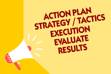 Text sign showing Action Plan Strategy Tactics Execution Evaluate Results. Conceptual photo Management Feedback Megaphone loudspeaker yellow background important message speaking loud