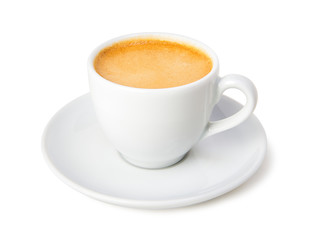  Espresso coffee in a white cup and saucer isolated on white background
