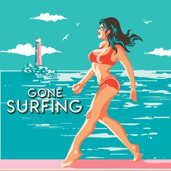 surfing girl walking in the beach looking at the waves keep the surf, surfer girl goes to catch waves on the beach