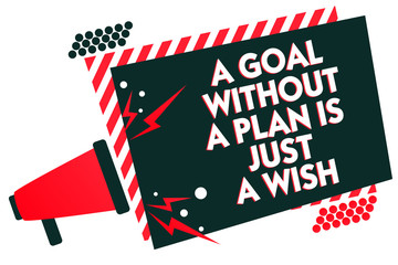 Handwriting text writing A Goal Without A Plan Is Just A Wish. Concept meaning Make strategies to reach objectives Megaphone loudspeaker red striped frame important message speaking loud