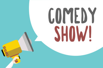 Conceptual hand writing showing Comedy Show. Business photo showcasing Funny program Humorous Amusing medium of Entertainment Man holding megaphone speech bubble message blue background