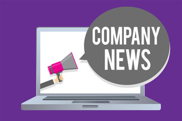 Word writing text Company News. Business concept for Latest Information and happening on a business Corporate Report Man holding megaphone loudspeaker speech bubble message speaking loud