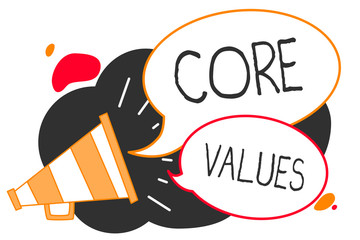 Handwriting text writing Core Values. Concept meaning belief person or organization views as being importance Megaphone loudspeaker speech bubbles important message speaking out loud