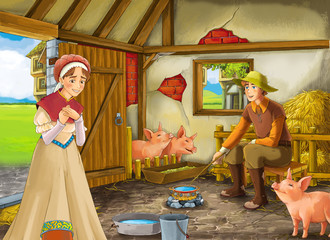 Obraz na płótnie Canvas Cartoon scene with farmer rancher or disguised prince and woman or wife in the barn pigsty illustration for children