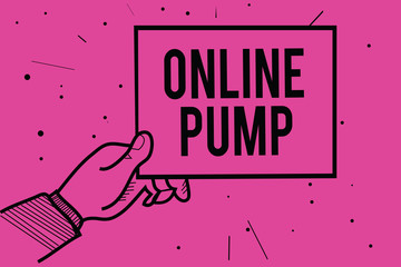 Conceptual hand writing showing Online Pump. Business photo showcasing device which moves liquid from lower level to higher one Man hand holding paper information dotted purple background