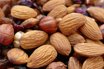special mixture of healthy nuts raw nuts, hazelnuts, almonds and raisins,