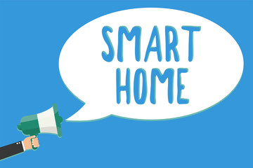 Text sign showing Smart Home. Conceptual photo automation system control lighting climate entertainment systems Man holding megaphone loudspeaker speech bubble message speaking loud