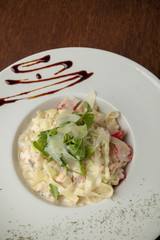 .pasta with chopped beefsteak and tomato