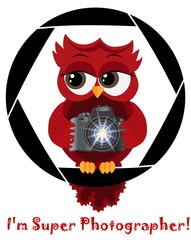 A beautiful cartoon red owl with a camera sits on the camera's diaphragm. Concept photography, vocations, photo business