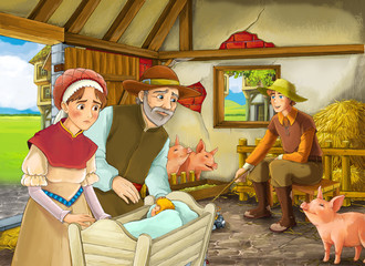 Cartoon scene with two farmers ranchers and woman wife or disguised prince and older farmer in the barn pigsty illustration for children