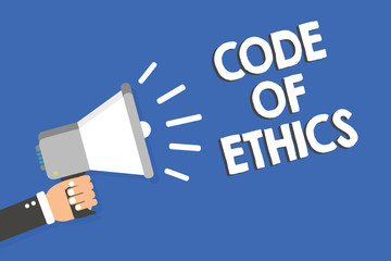 Text sign showing Code Of Ethics. Conceptual photo Moral Rules Ethical Integrity Honesty Good procedure Man holding megaphone loudspeaker blue background message speaking loud