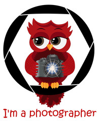 A beautiful cartoon red owl with a camera sits on the camera's diaphragm. Concept photography, vocations, photo business