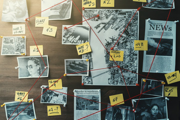 Detective board with photos of suspected criminals, crime scenes and evidence with red threads,...