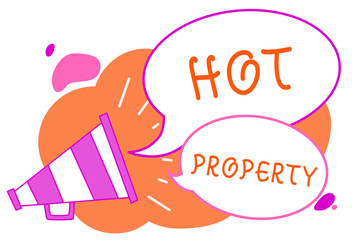 Handwriting text writing Hot Property. Concept meaning Something which is sought after or is Heavily Demanded Megaphone loudspeaker speech bubbles important message speaking out loud