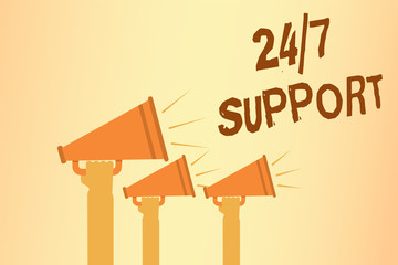 Writing note showing 24 7 Support. Business photo showcasing Giving assistance to service whole day and night No downtime Hands holding megaphones loudspeakers important message speaking loud