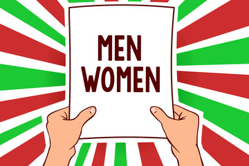 Writing note showing Men Women. Business photo showcasing The state where in a boy or a girl turns to be a mature adult Man holding paper important message remarkable red rays bright ideas