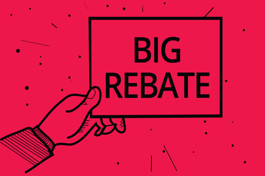 Conceptual hand writing showing Big Rebate. Business photo text Huge rewards that can get when you engaged to a special promo Man holding paper communicating information dotted red background