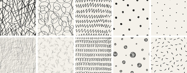 Set of seamless abstract hand-drawn patterns. Vector modern creative backgrounds for your design