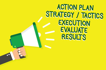 Writing note showing Action Plan Strategy Tactics Execution Evaluate Results. Business photo showcasing Management Feedback Man holding megaphone loudspeaker yelliw background speaking loud