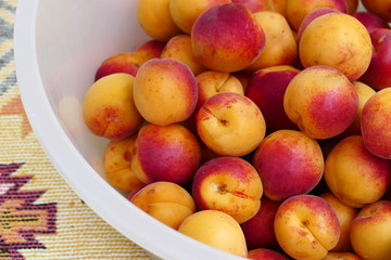 Fototapeta na wymiar organic red colored apricots, ripe apricots, natural apricot fruit, dark pink fried fresh apricots, fried fresh apricots, dark pink color