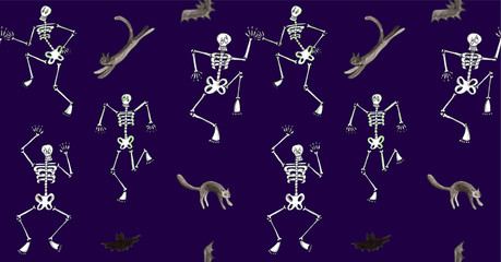 Halloween seamless pattern. Funny skeleton dancing with cats and bats. Watercolor hand drawn illustration on violet background. For card, invitations, package, textile and holiday design.