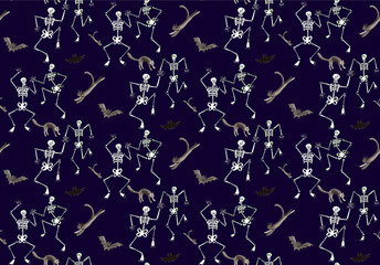 Halloween seamless pattern. Funny skeleton dancing with cats and bats. Watercolor hand drawn illustration on dark blue background. For card, invitations, package, textile and holiday design.