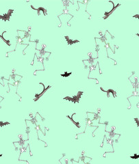 Halloween seamless pattern. Funny skeleton dancing with cats and bats. Watercolor hand drawn illustration on mint background. For card, invitations, package, textile and holiday design.