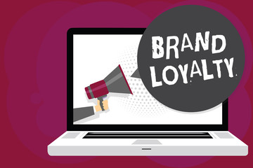 Writing note showing Brand Loyalty. Business photo showcasing Repeat Purchase Ambassador Patronage Favorite Trusted Man holding Megaphone computer screen talking speech bubble