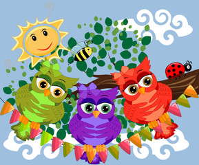 Three cute colorful cartoon owls sitting on tree branch with flowers.
