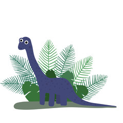 Cute, cartoon dinosaur brachiosaurus on the background of bushes of tropical palm leaves. Vector illustration