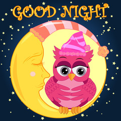 A sweet cartoon pink owl in a sleeping cap relaxes sitting on a sleeping sickle of the moon among a dark night sky and stars