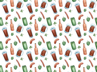 Beer icons seamless pattern hop branch, wooden barrel, glass of beer, beer can, bottle cap, beer mug, barley . Oktoberfest background.