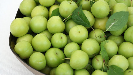 green plums on white ground, fresh plums, 