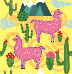 Illustration of seamless pattern with cute cartoon llama alpaca with cactus and design elements on pink background in flat cartoon style.