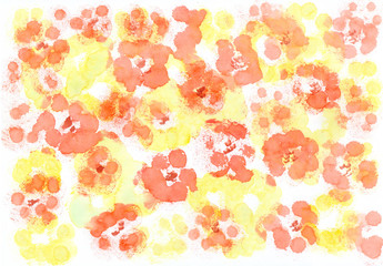 Watercolor floral pattern. Abstract orange flowers on yellow background. Greeting card. Wedding invitation.