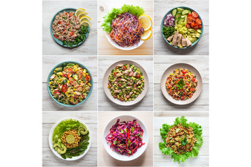 collage with of salads dishes of world cuisine