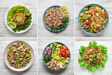 collage with of salads dishes of world cuisine