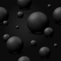 Vector 3D realistic seamless pattern fall black marble balls, flying in the air, isolated on dark background.