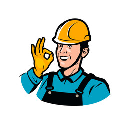 Builder or worker in construction helmet. Repair, fix, industry logo. Vector illustration