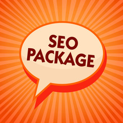 Word writing text Seo Package. Business concept for practice of search engine optimization increase amount visitors Orange speech bubble message reminder rays shadow important intention