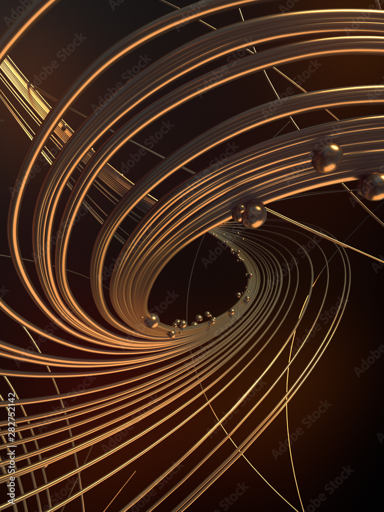 Poster abstract 3d rendering gold jewelry with shiny shapes beads on a dark background
