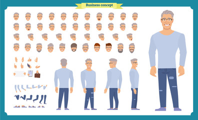 Front, side, back view animated character set with various views, hairstyles, face emotions, poses and gestures. man in casual clothes.Cartoon style, flat vector illustration.People character