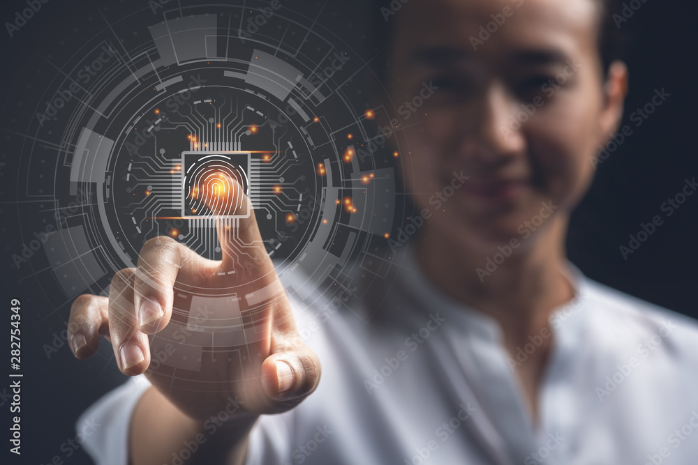 Poster business woman scan fingerprints to access high-level information through the best security analysis