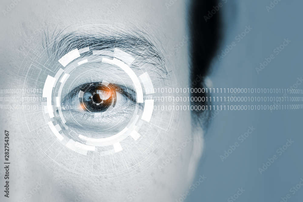 Poster close up of woman eye in process of scanning.high technology that helps identify identification by s