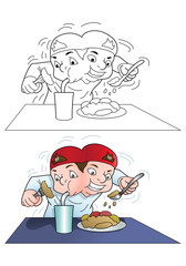 traveling boy eating fast on isolated white