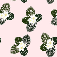 Seamless vector tropical pattern. Plumeria, frangipani. Exotic vector beach wallpaper seamless pattern.