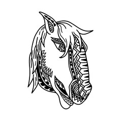 Tribal tattoo style illustration of  head of a horse, colt, stallion or bronco viewed from side on isolated white background done in black and white.